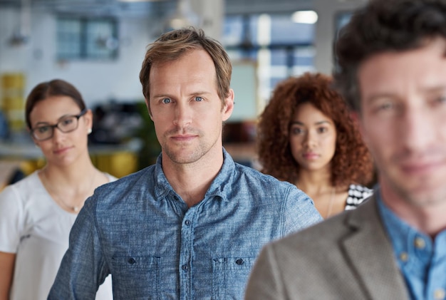 Photo serious office and portrait of businessman with pride for leadership collaboration and support creative business people and manager with confidence in job for teamwork partnership and meeting