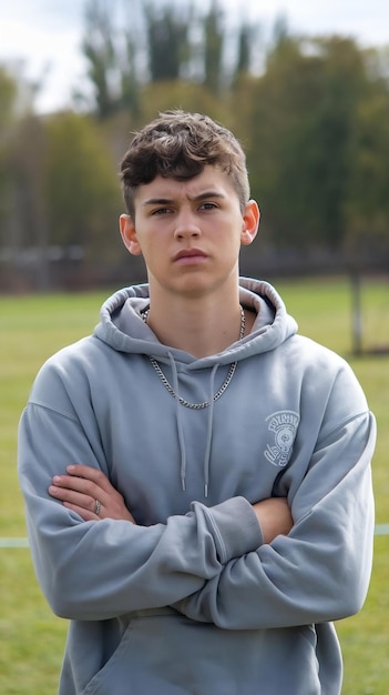 Photo serious teenage male student with crossed arms looking at camera outdoor