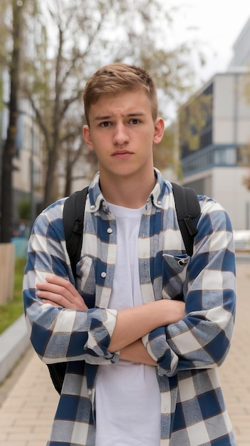 Serious teenage male student with crossed arms looking at camera outdoor