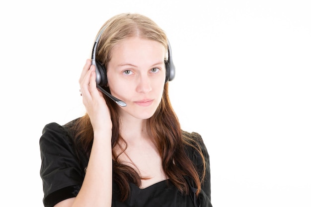 Serious woman in call center cheerful support phone operator portrait in phone headset