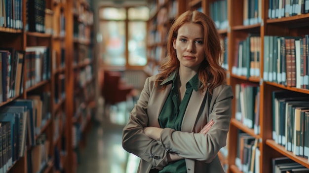 The serious woman in library