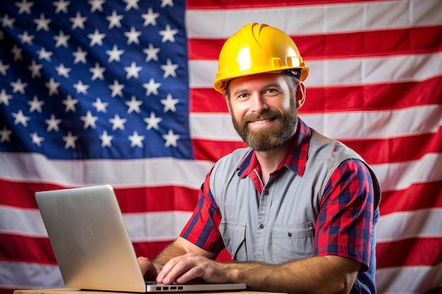 Photo a serious worker man and the american flag generated ai