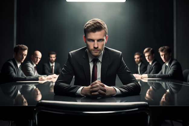 Serious young businessman sitting at a table in a conference room at a meeting with employees and looking at the camera