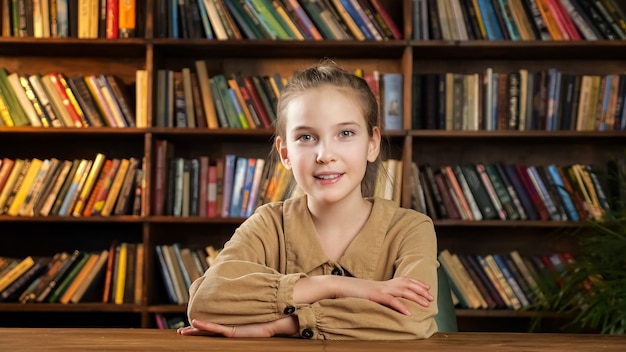 Serious young lady in brown dress looks straight and smiles cheerfully to camera sitting at wooden table against library bookshelves