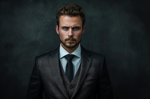 Serious young man in formal attire posing with a dark background