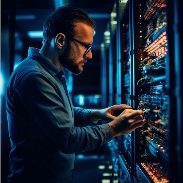 Serious young man working in data center He is connecting cables and switches