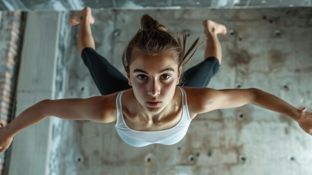 Serious young woman performing a gymnastics choreography element