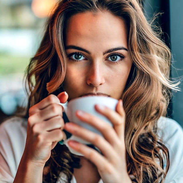 A serious young woman with coffee indoors in a cafe looking at the camera AI_Generated