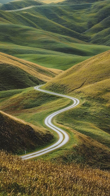 Photo a serpentine road winds through rolling green hills a journey through tranquil landscapes