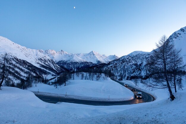 Serpentine road Winter at Bernina Pass Italy and Swedish part in alp mountains with snow