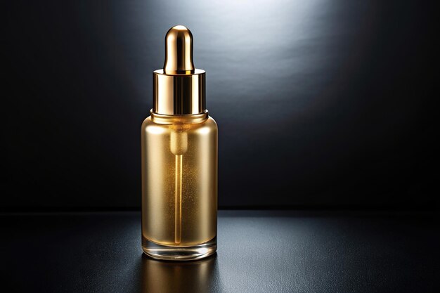 Photo serum cosmetic with a luxurious gold bottle on a black background captured from a high angle viewpoint face beauty gold packaging luxury lotion expensive skincare routine