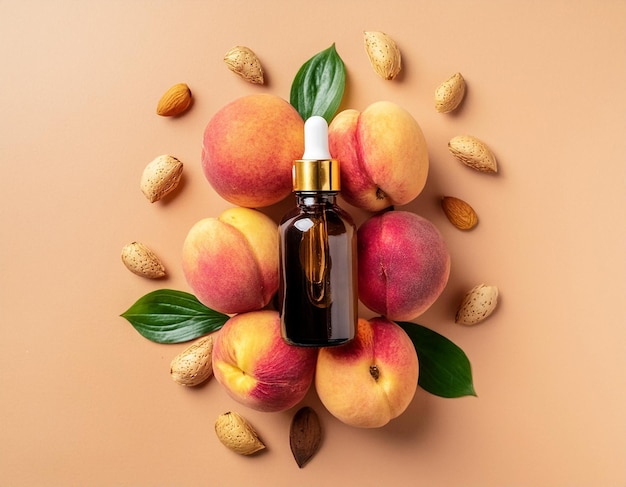 Serum or Oil in Glass Bottle with Ripe Peaches and Green Leaves