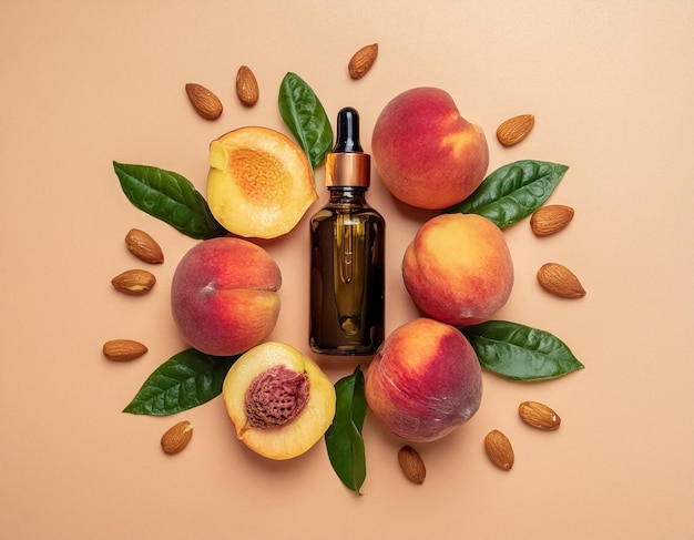 Serum or Oil in Glass Bottle with Ripe Peaches and Green Leaves