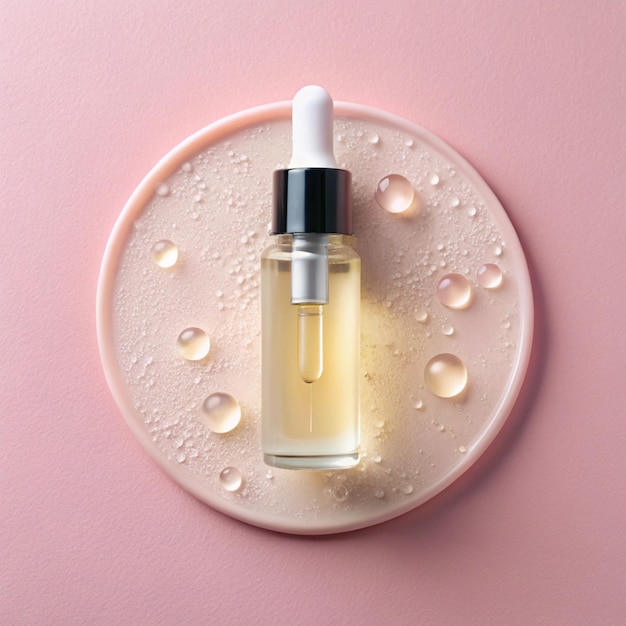 Photo serum oil sample swatch round shape texture isolated on pastel pink background cosmetic hyaluronic acid retinol collagen science lab product