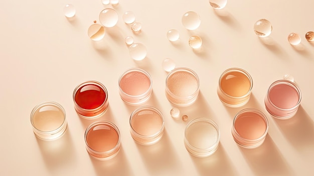 Serum in Petri dishes on light beige background cosmetic research concept