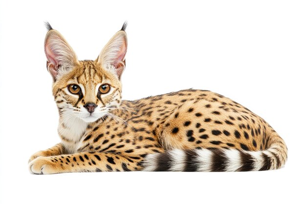 A Serval Cat Lying Down Looking Directly at the Camera