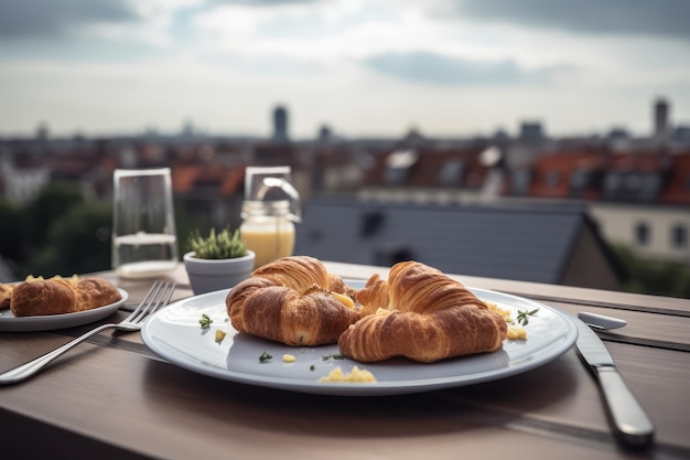 Served Breakfast Table on Roof Terrace Morning Food with Croissant Hot Drinks Bread Dessert Old Town View Generative AI Illustration