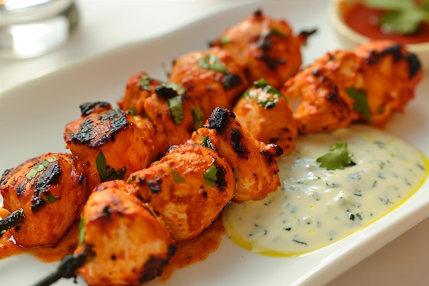 Served Chicken Tikka with Sauce on a White Plate