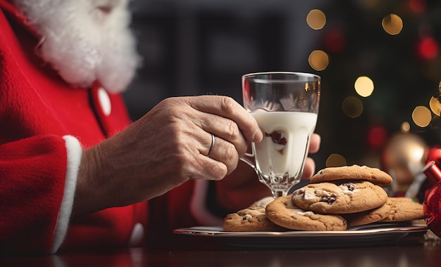 Served glass of milk freshly baked Christmas cookies on table for Santa Claus at home Santa delicious sweets Christmas holiday concept Santa hand holding a glass Magic greeting card