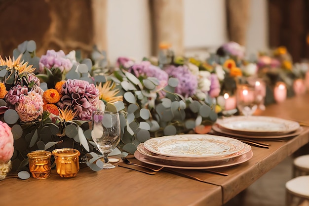 Served table for a wedding dinner in boho chic style Decor from fresh flowers of peonies roses orchids and Leucospermum conocarpodendron Crockery plates glasses and candles Wooden table