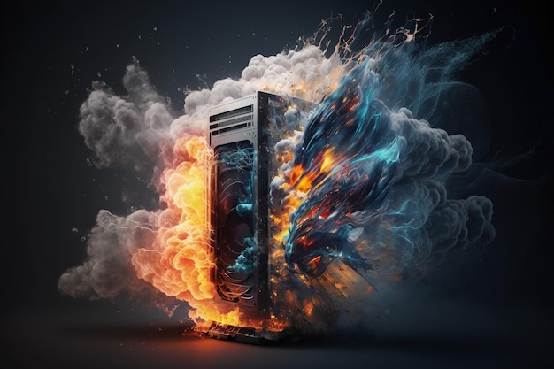 Server or computer explosion with fire and smoke