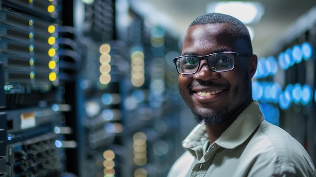 server engineer happy laptop in the datacenter in the style of formalist aesthetics light white and indigo