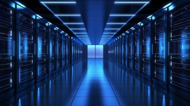 Server racks in computer network security server room data center d render dark blue