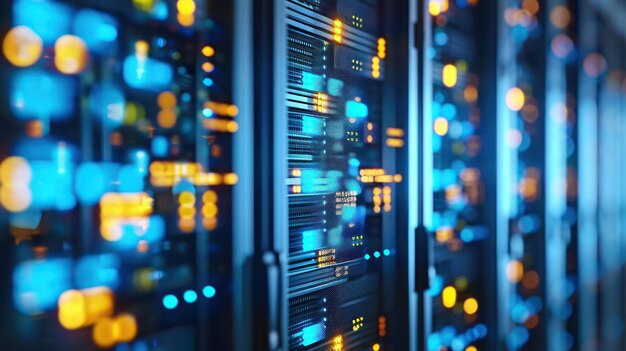 Server Racks Illuminated with Blue and Orange Lights