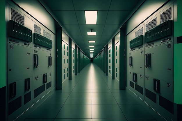 Server room hallway with a line of servers in it