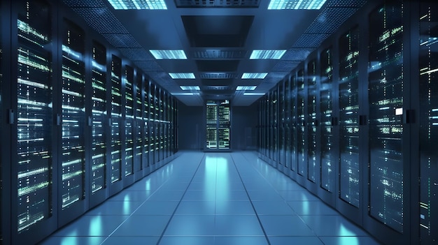 A server room with a blue light that says'it's a big deal '