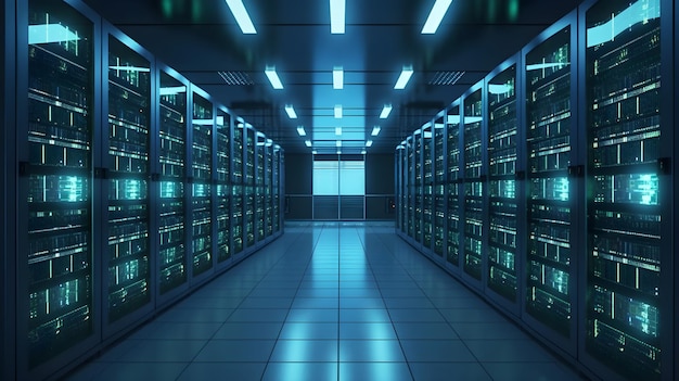 A server room with blue lights and a blue light.