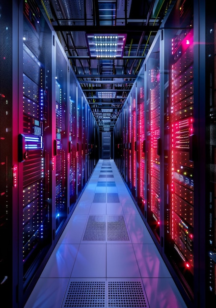 Server room with colorful lights illuminating the aisle