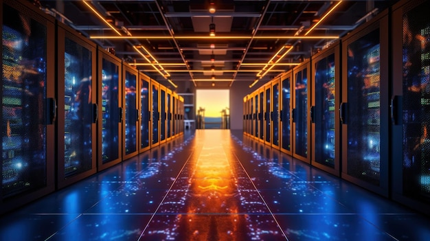 Photo server room with glowing lights