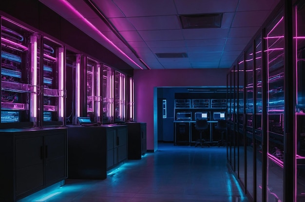 Photo server room with pink neon lights