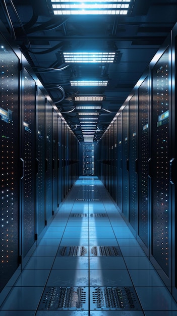 Server room with rows of server racks containing multiple server blades in a data center