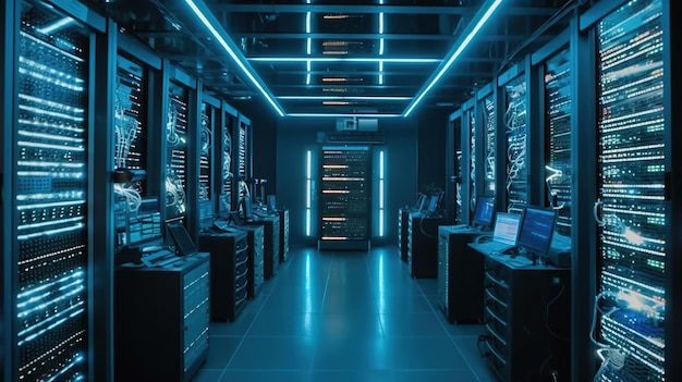 Server room with rows of servers and LED lights Ai Generated Image