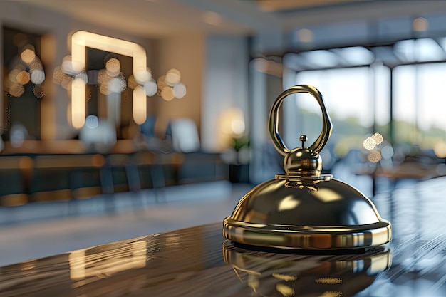 Service bell on hotel reception with Hotel placard background