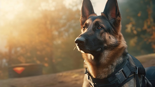 A Service dog of the German Shepherd breed in a police uniform Police dog Sniffer Dog Generative Ai