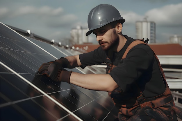 Service engineer man installs solar panels Generative AI 8