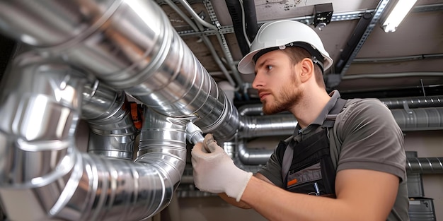 Photo service worker installing ducted pipe system for ventilation and air conditioning concept hvac installation ductwork ventilation system air conditioning unit service worker