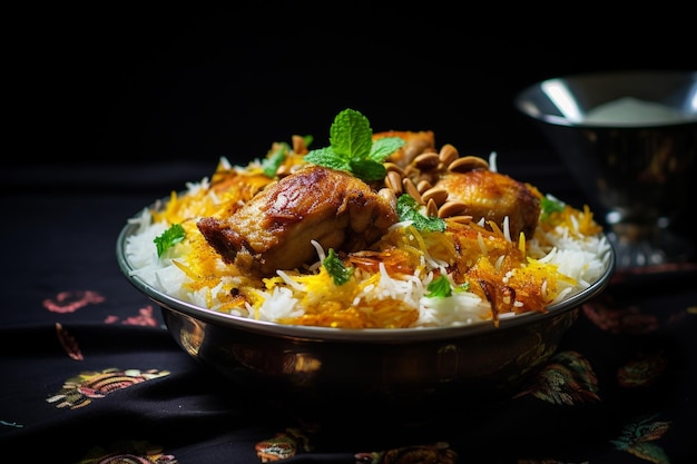 A serving of chicken biryani with golden raisins fr