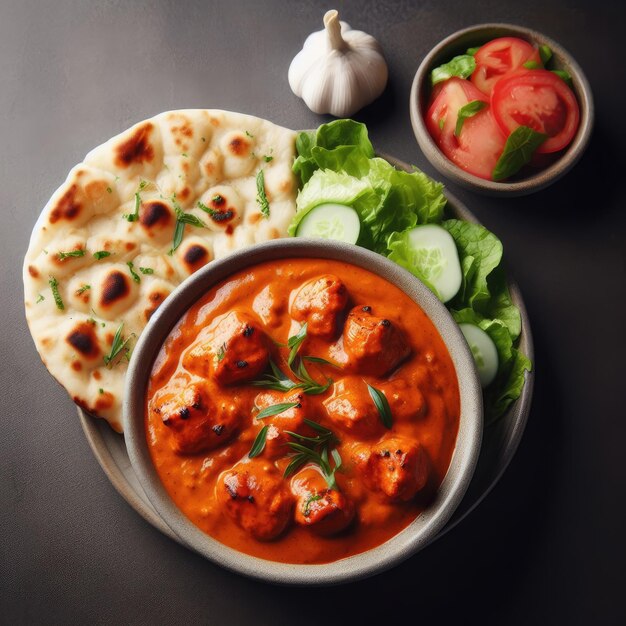 A serving of chicken tikka masala paired with garlic naan and salad