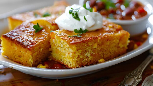 A serving of cornbread cut into squares with a side of chili and a dollop of sour cream