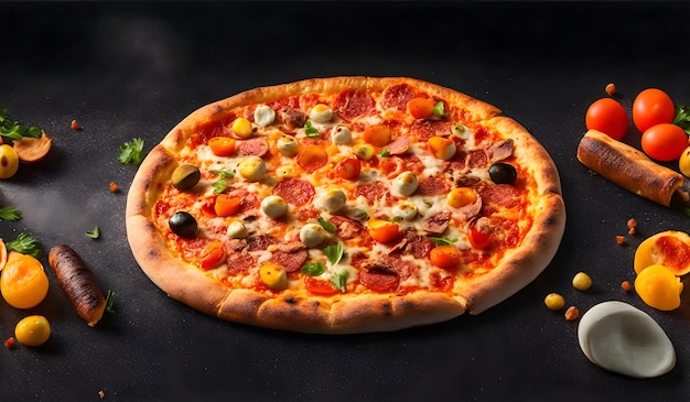 Serving delicious pizza with quail eggs ham sausage and vegetables on a black background