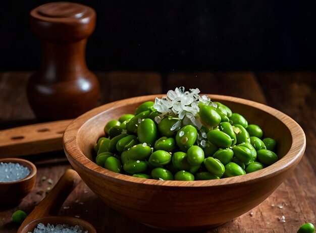 Photo a serving of edamame sprinkled with sea salt arranged in a rustic wooden bowl