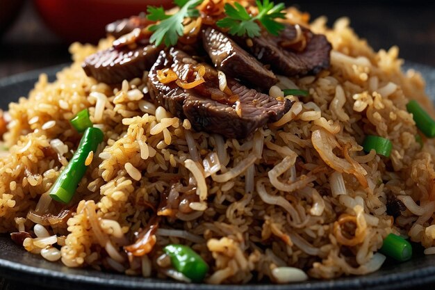 A serving of fried rice with caramelized onions and beef