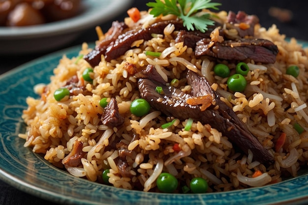 A serving of fried rice with caramelized onions and beef