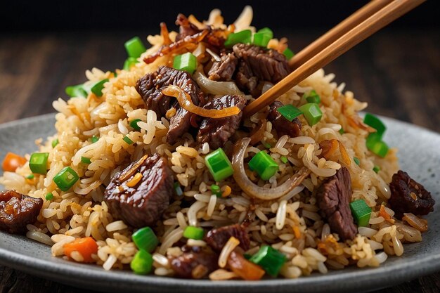 A serving of fried rice with caramelized onions and beef