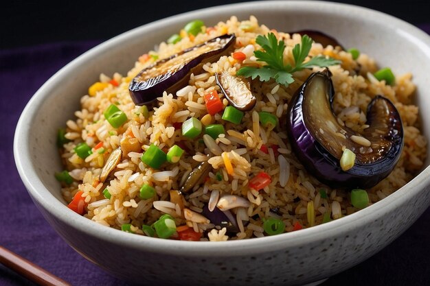 A serving of fried rice with eggplant and roasted garlic