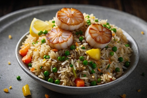 A serving of fried rice with scallops and lemon zest